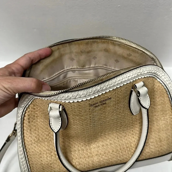 Kate Spade Reiley Dome Satchel Purse Handbag Straw Wicker Leather Trim White - Picture 13 of 14